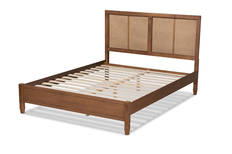 Pandora Mid-Century Modern Walnut Brown Finished Wood and Synthetic Rattan Queen Size Platform Bed