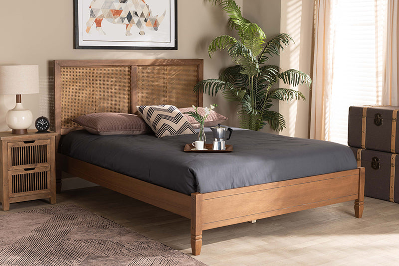 Pandora Mid-Century Modern Walnut Brown Finished Wood and Synthetic Rattan King Size Platform Bed