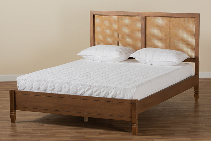 Pandora Mid-Century Modern Walnut Brown Finished Wood and Synthetic Rattan King Size Platform Bed