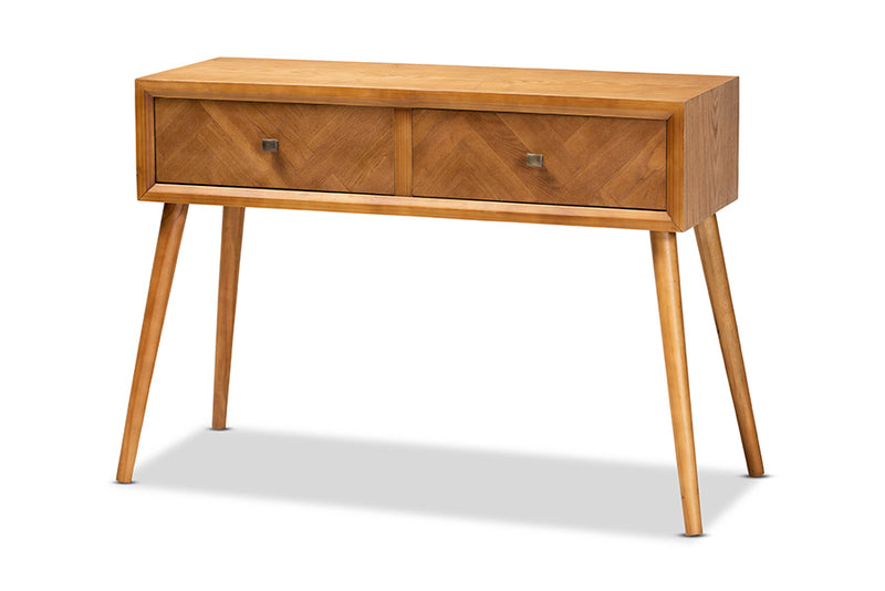 Lovy Mid-Century Modern Natural Brown Finished Wood 2-Drawer Console Table