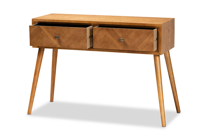 Lovy Mid-Century Modern Natural Brown Finished Wood 2-Drawer Console Table