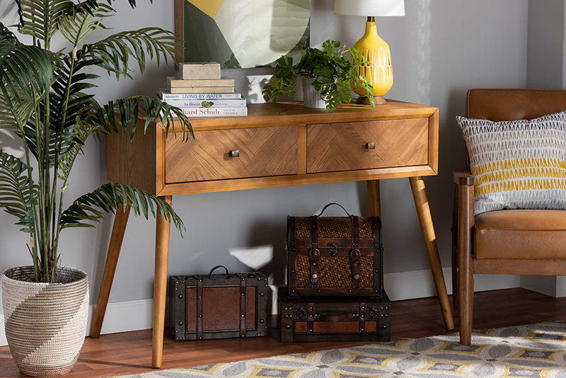 Lovy Mid-Century Modern Natural Brown Finished Wood 2-Drawer Console Table