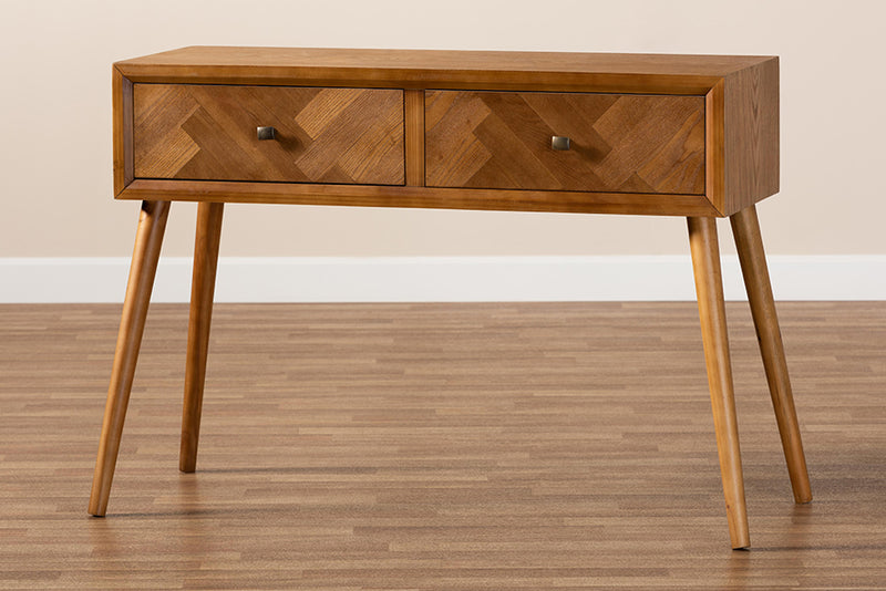 Lovy Mid-Century Modern Natural Brown Finished Wood 2-Drawer Console Table