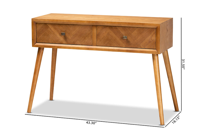 Lovy Mid-Century Modern Natural Brown Finished Wood 2-Drawer Console Table