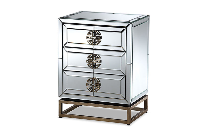 Milana Mirrored and Antique Bronze Finished 3-Drawer End Table Baxton