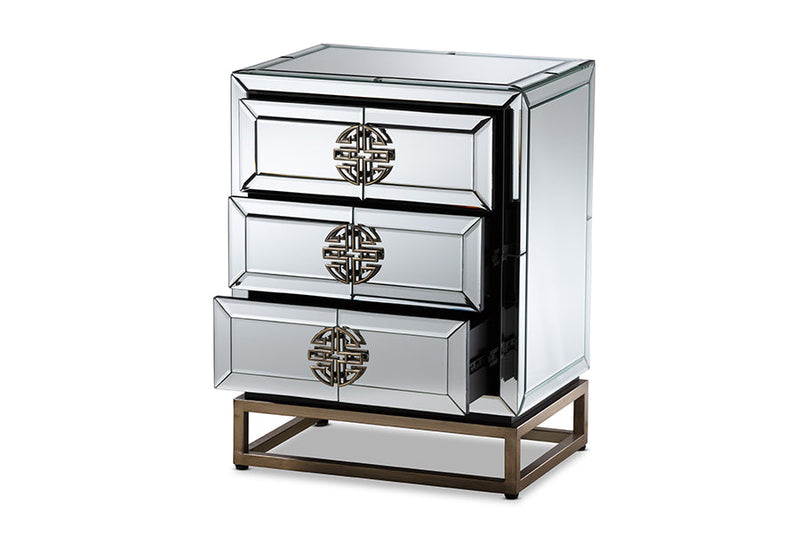 Milana Mirrored and Antique Bronze Finished 3-Drawer End Table Baxton