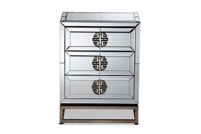 Milana Contemporary Glam and Luxe Mirrored and Antique Bronze Finished 3-Drawer End Table