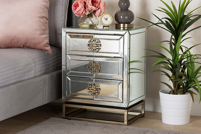 Milana Contemporary Glam and Luxe Mirrored and Antique Bronze Finished 3-Drawer End Table