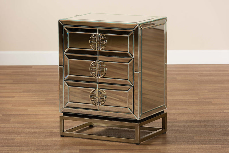 Milana Mirrored and Antique Bronze Finished 3-Drawer End Table Baxton