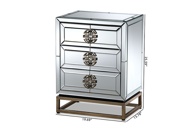 Milana Contemporary Glam and Luxe Mirrored and Antique Bronze Finished 3-Drawer End Table