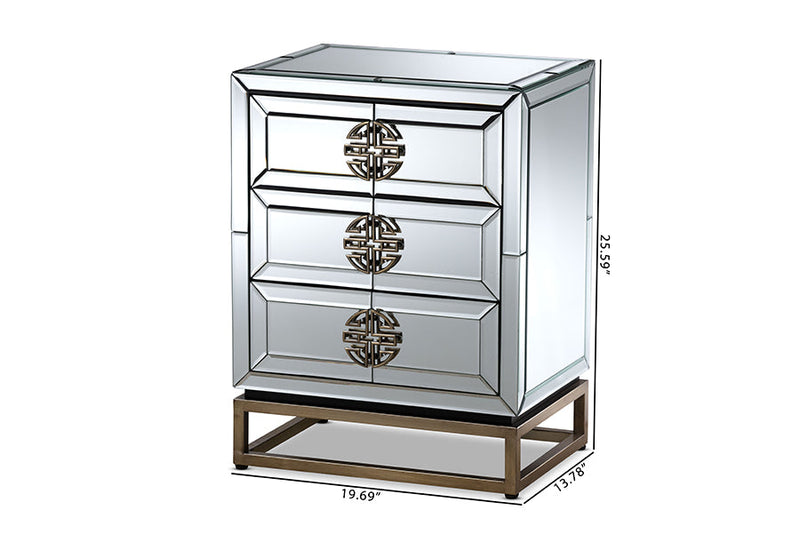 Milana Mirrored and Antique Bronze Finished 3-Drawer End Table Baxton