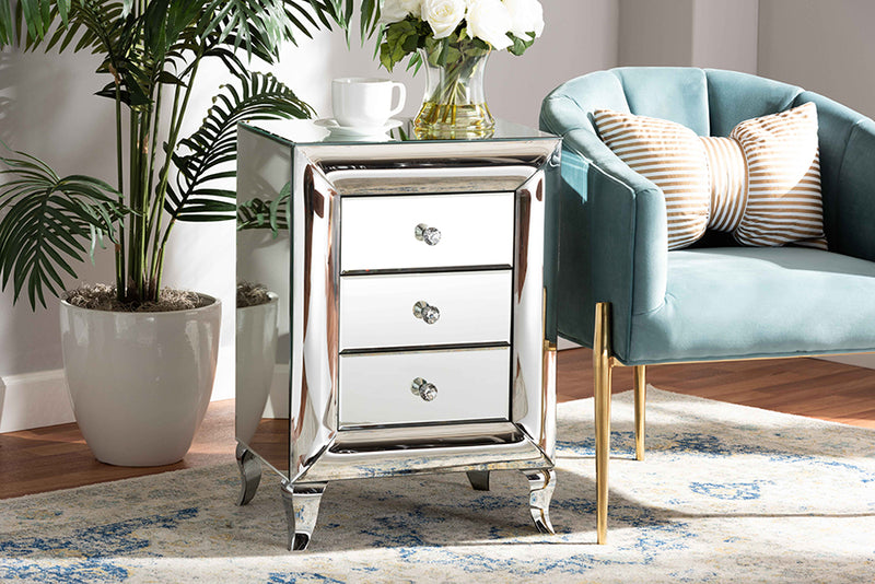 Irma Contemporary Glam and Luxe Mirrored 3-Drawer End Table