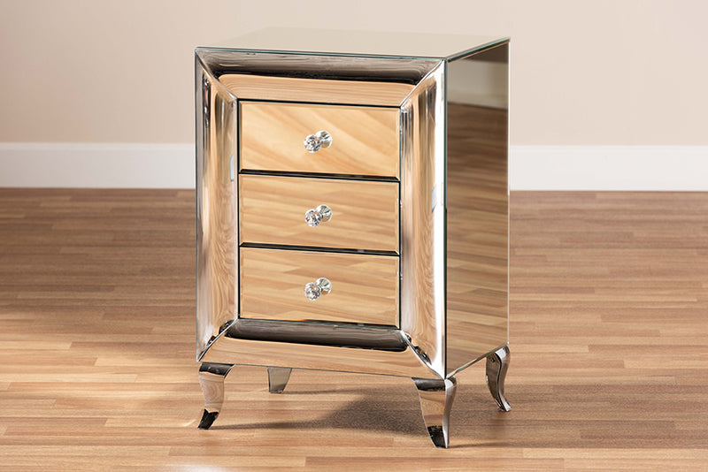 Irma Contemporary Glam and Luxe Mirrored 3-Drawer End Table