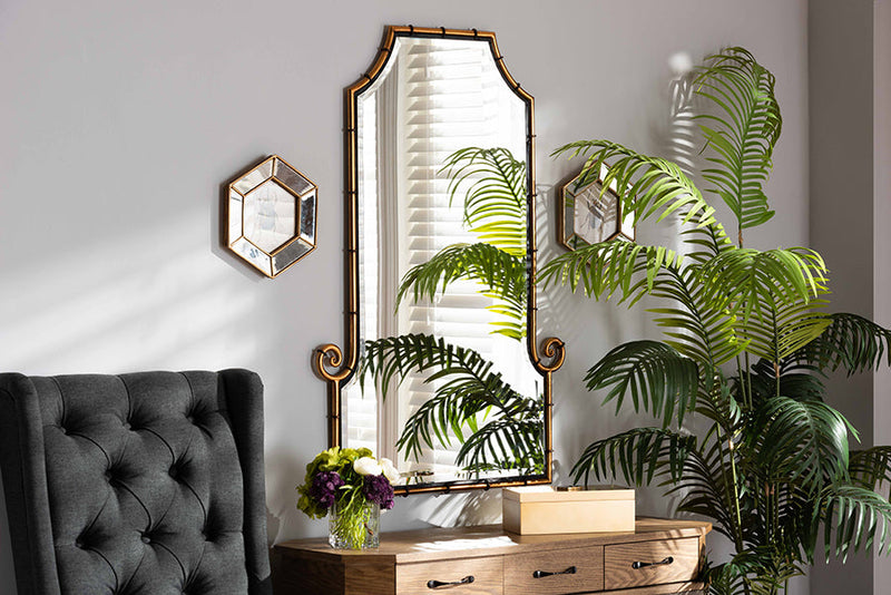 Hancock Gold Finished Metal Bamboo Inspired Accent Wall Mirror Baxton