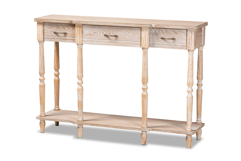 Wendell Rustic Whitewashed Oak Brown 3-Drawer Console Table Baxton