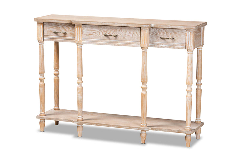 Wendell Classic and Traditional French Provincial Rustic Whitewashed Oak Brown Finished Wood 3-Drawer Console Table