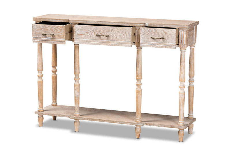 Wendell Rustic Whitewashed Oak Brown 3-Drawer Console Table Baxton
