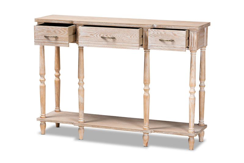 Wendell Classic and Traditional French Provincial Rustic Whitewashed Oak Brown Finished Wood 3-Drawer Console Table