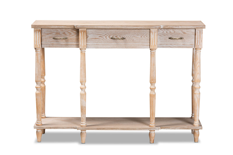 Wendell Classic and Traditional French Provincial Rustic Whitewashed Oak Brown Finished Wood 3-Drawer Console Table