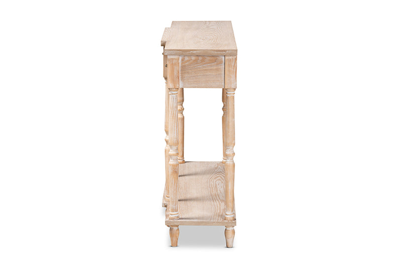 Wendell Classic and Traditional French Provincial Rustic Whitewashed Oak Brown Finished Wood 3-Drawer Console Table