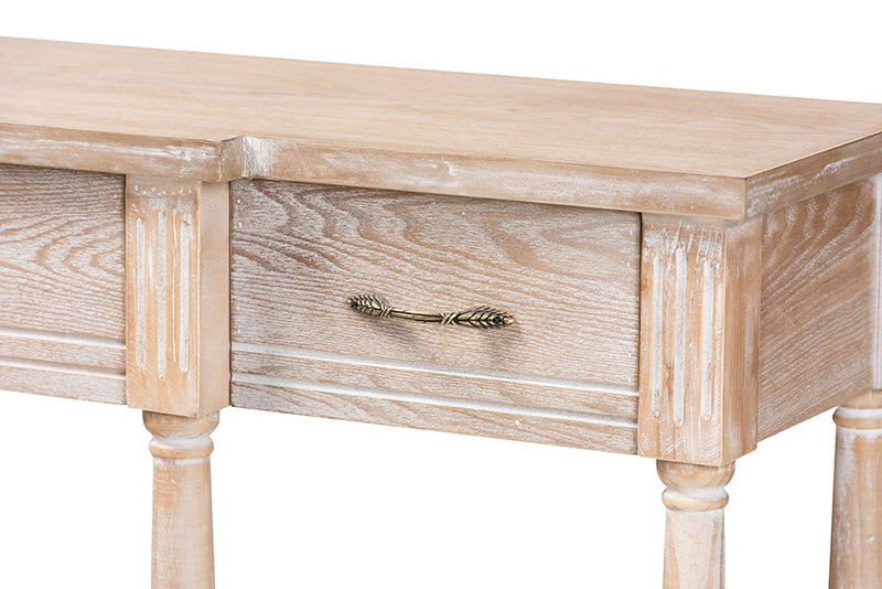 Wendell Classic and Traditional French Provincial Rustic Whitewashed Oak Brown Finished Wood 3-Drawer Console Table