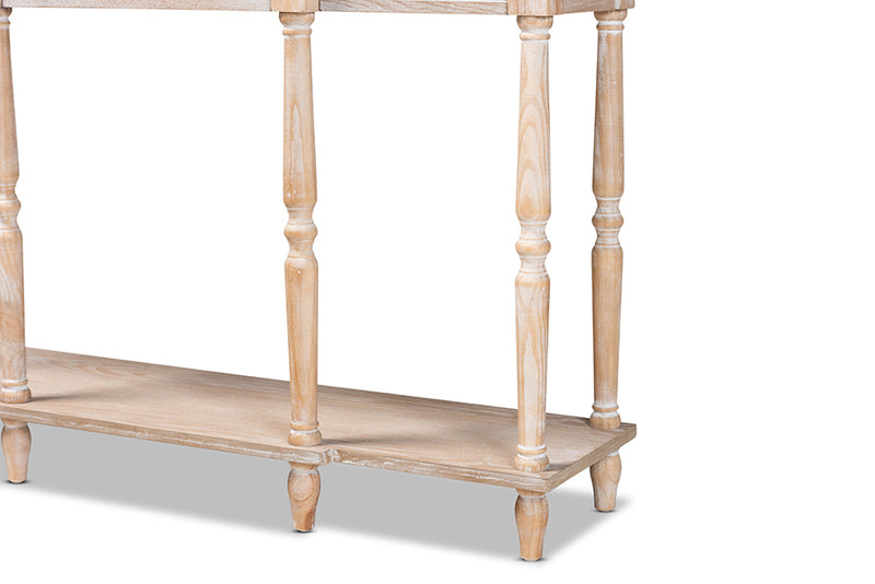 Wendell Classic and Traditional French Provincial Rustic Whitewashed Oak Brown Finished Wood 3-Drawer Console Table