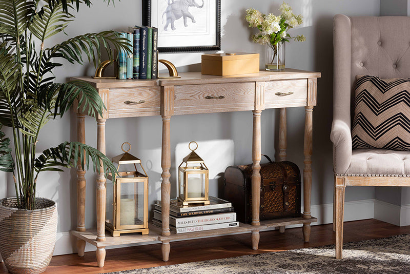 Wendell Classic and Traditional French Provincial Rustic Whitewashed Oak Brown Finished Wood 3-Drawer Console Table