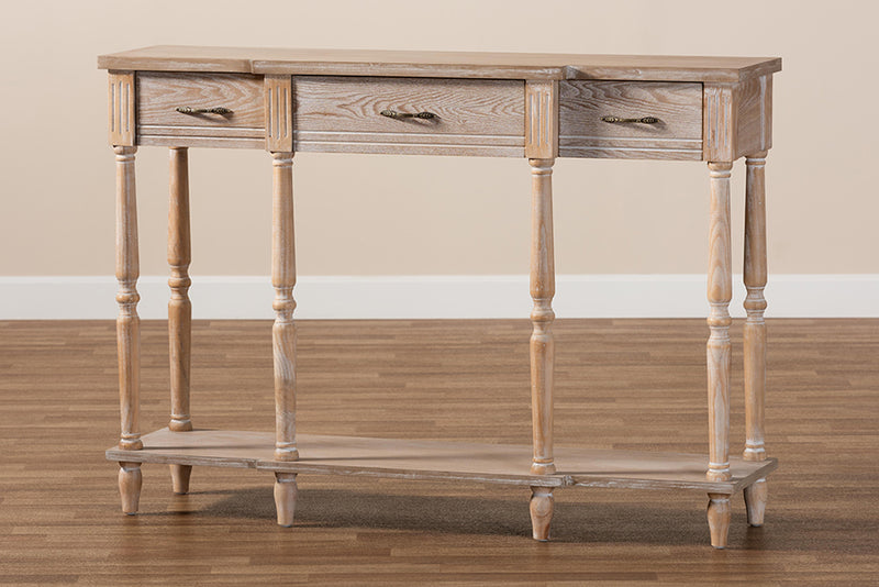 Wendell Classic and Traditional French Provincial Rustic Whitewashed Oak Brown Finished Wood 3-Drawer Console Table