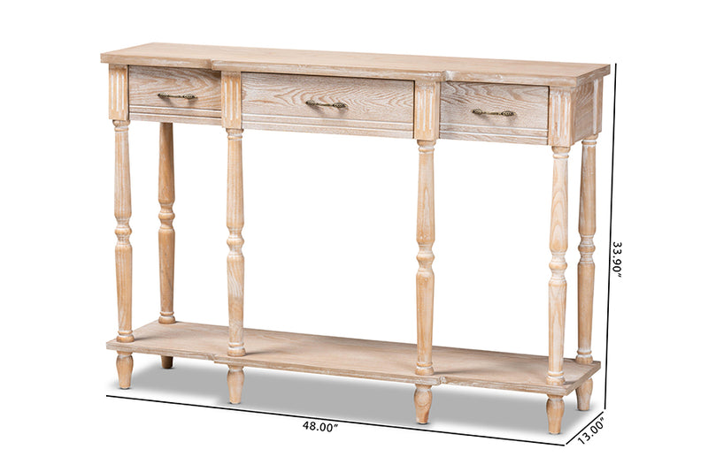 Wendell Classic and Traditional French Provincial Rustic Whitewashed Oak Brown Finished Wood 3-Drawer Console Table