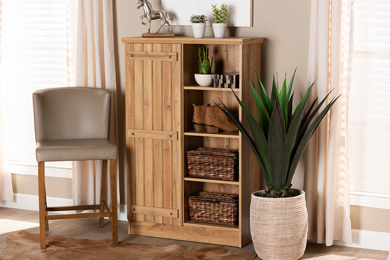 Fannie Modern and Contemporary Farmhouse Natural Oak Brown Finished Wood 1-Door Shoe Cabinet 