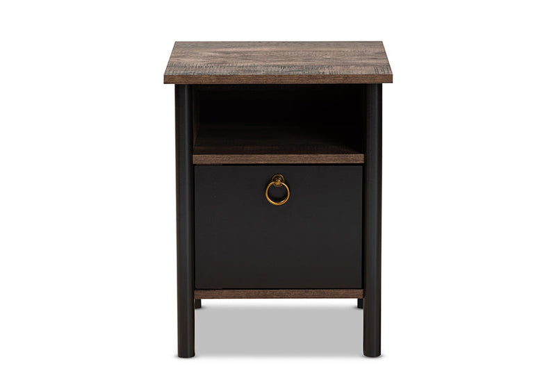 Lucina Two-Tone Rustic Brown and Black Nightstand Baxton