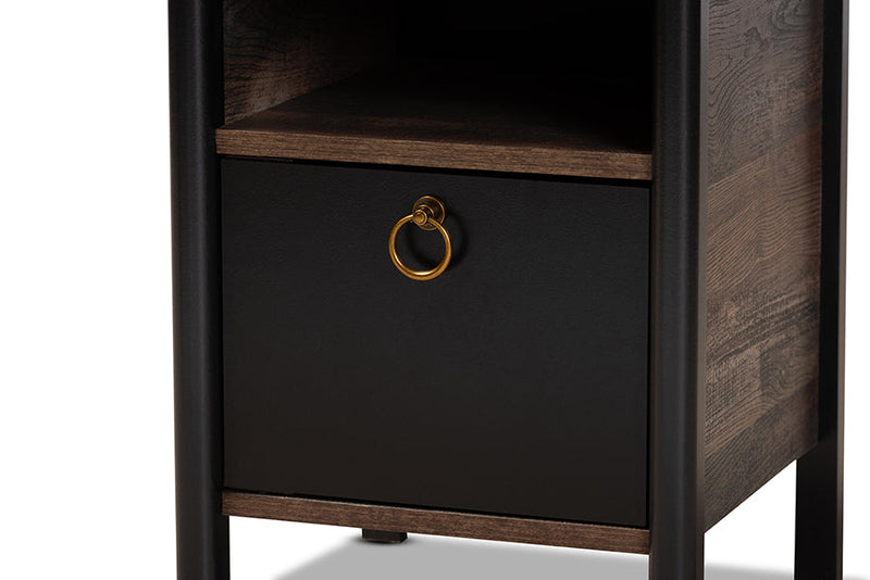 Lucina Two-Tone Rustic Brown and Black Nightstand Baxton