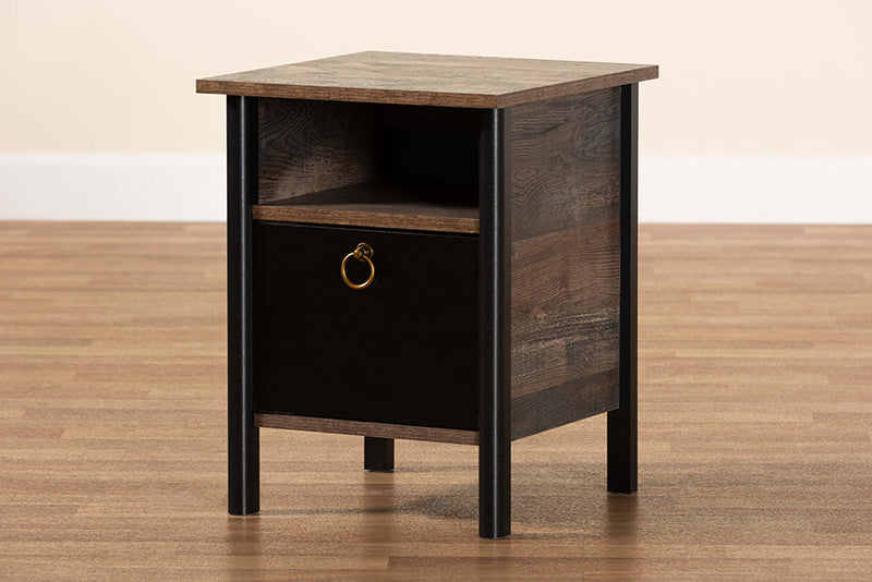 Lucina Two-Tone Rustic Brown and Black Nightstand Baxton