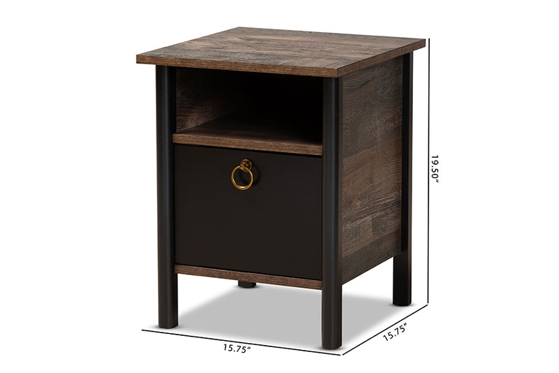 Lucina Modern and Contemporary Two-Tone Rustic Brown and Black Finished Wood Nightstand