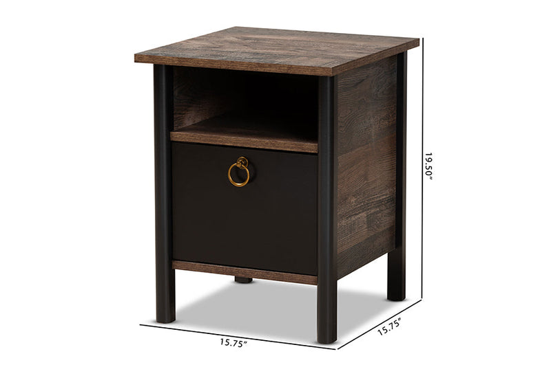 Lucina Two-Tone Rustic Brown and Black Nightstand Baxton