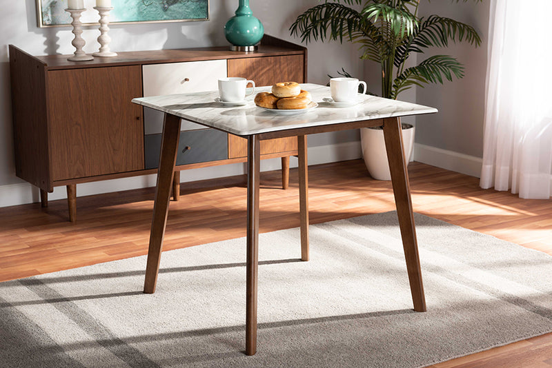 Alfro Mid-Century Walnut Brown Finished Wood Dining Table w/Faux Marble Tabletop