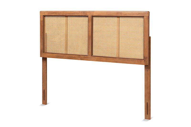 Clemence Mid-Century Modern Ash Walnut Finished Wood and Synthetic Rattan King Size Headboard