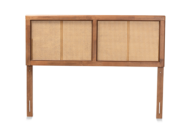 Clemence Mid-Century Modern Ash Walnut Finished Wood and Synthetic Rattan King Size Headboard