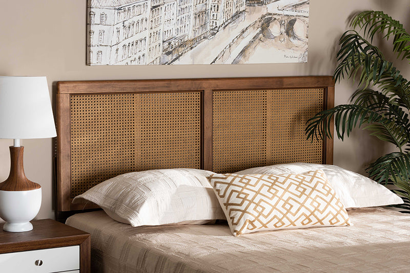 Clemence Mid-Century Modern Ash Walnut Finished Wood and Synthetic Rattan King Size Headboard 