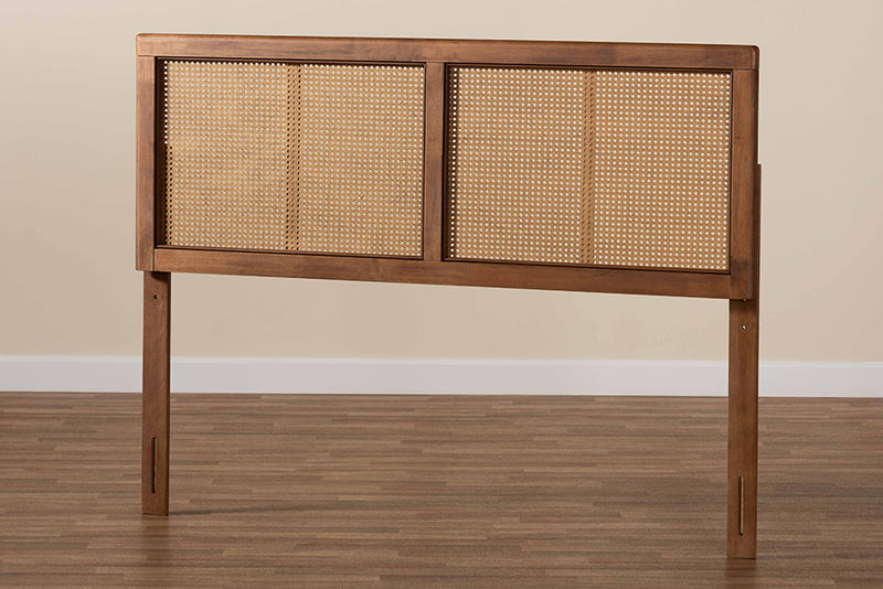 Clemence Mid-Century Modern Ash Walnut Finished Wood and Synthetic Rattan King Size Headboard