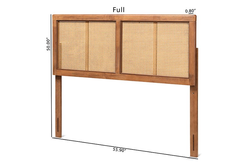 Clemence Mid-Century Modern Ash Walnut Finished Wood and Synthetic Rattan King Size Headboard