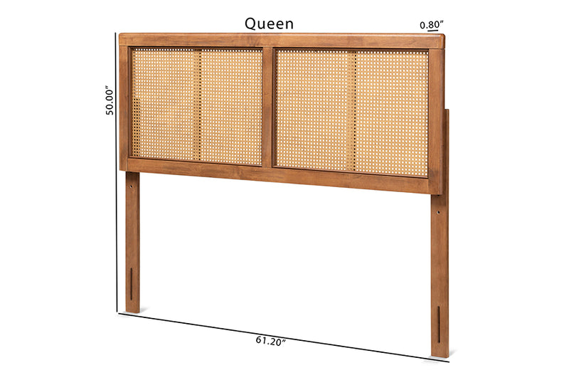 Clemence Mid-Century Modern Ash Walnut Finished Wood and Synthetic Rattan King Size Headboard
