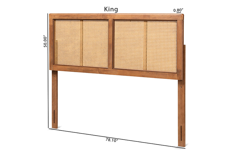 Clemence Mid-Century Modern Ash Walnut Finished Wood and Synthetic Rattan King Size Headboard