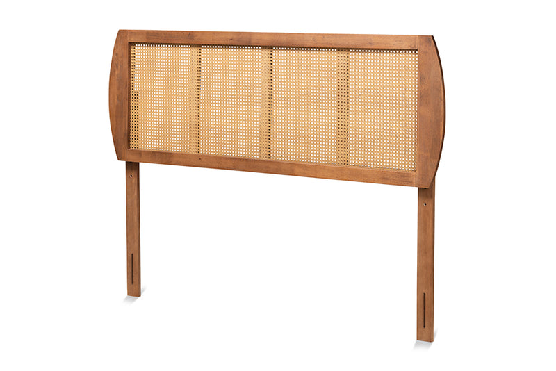 Pakis Mid-Century Modern Ash Walnut Finished Wood and Synthetic Rattan King Size Headboard