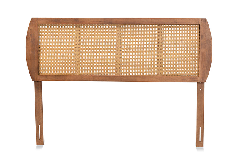 Pakis Mid-Century Modern Ash Walnut Finished Wood and Synthetic Rattan King Size Headboard