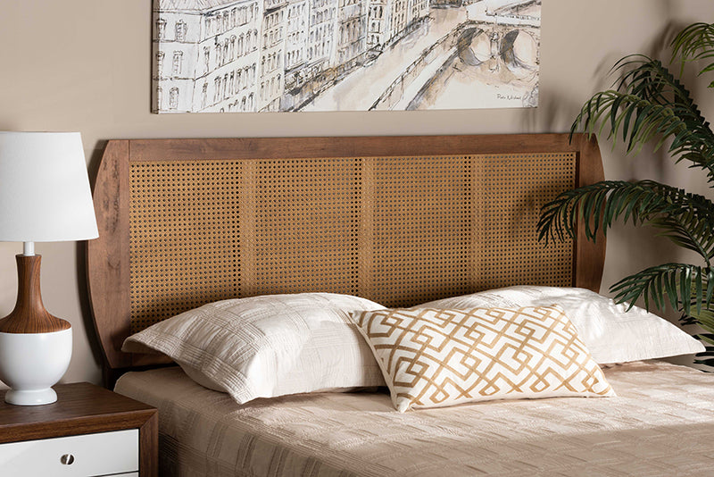 Pakis Mid-Century Modern Ash Walnut Finished Wood and Synthetic Rattan King Size Headboard