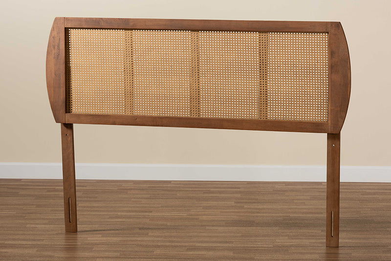 Pakis Mid-Century Modern Ash Walnut Finished Wood and Synthetic Rattan King Size Headboard