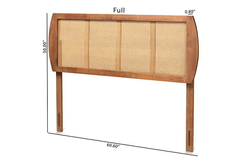 Pakis Mid-Century Modern Ash Walnut Finished Wood and Synthetic Rattan King Size Headboard