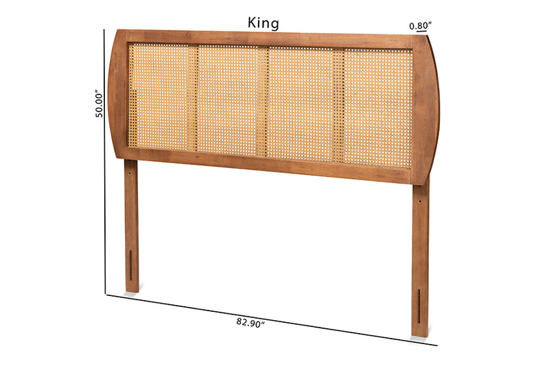 Pakis Mid-Century Modern Ash Walnut Finished Wood and Synthetic Rattan King Size Headboard