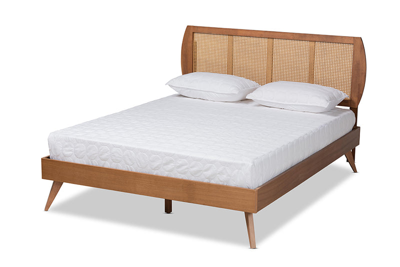 Oscar Mid-Century Modern Walnut Brown Finished Wood and Synthetic Rattan Queen Size Platform Bed